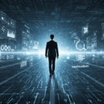Profissional caminhando em um ambiente digital com gráficos e dados ao redor, simbolizando carreira resiliente na era da transformação tecnológica.