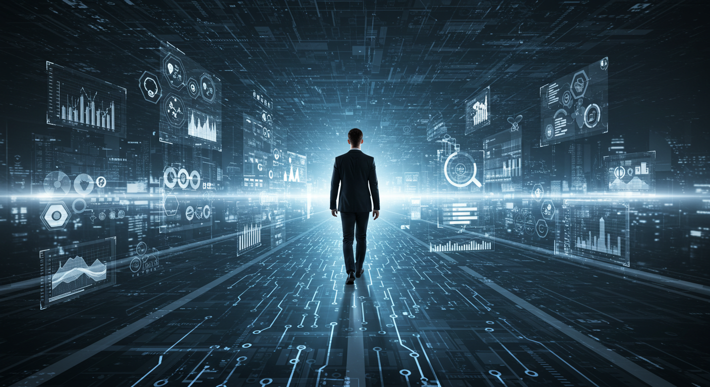 Profissional caminhando em um ambiente digital com gráficos e dados ao redor, simbolizando carreira resiliente na era da transformação tecnológica.