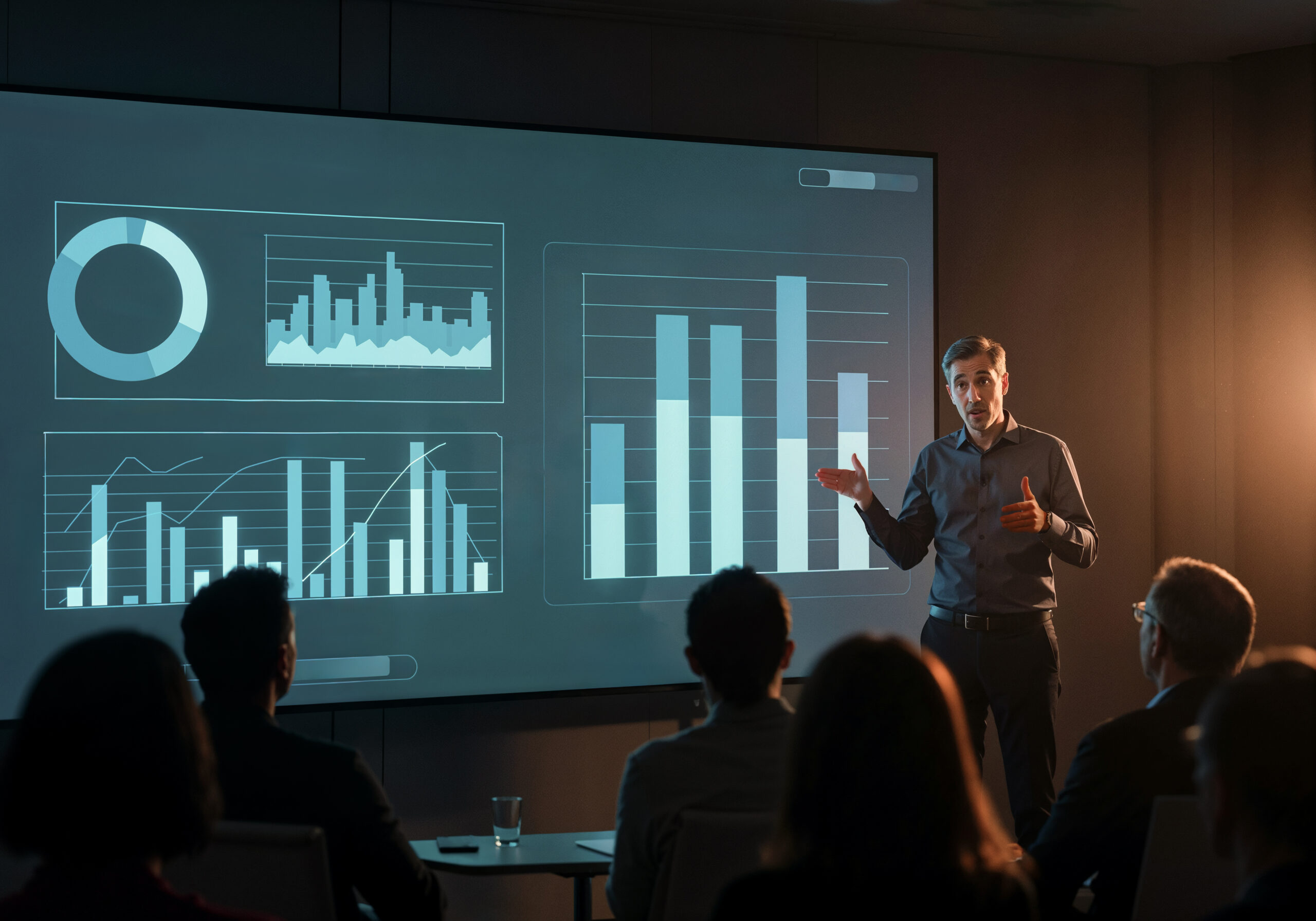 Homem em pé, apresentando em uma sala escura, um painel de dados empresariais em uma tela grande e iluminada. A tela exibe diversos gráficos e indicadores em tons de azul. A plateia, com silhuetas de pessoas, observa a apresentação.