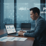 Profissional em um ambiente corporativo moderno estudando os domínios do Exame PMP, com laptops e painéis digitais de gestão de projetos ao fundo.