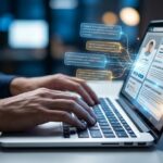 Mãos digitando em um notebook com elementos holográficos de IA otimizando um perfil, ilustrando como usar o ChatGPT para LinkedIn