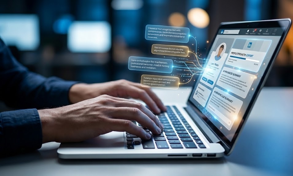 Mãos digitando em um notebook com elementos holográficos de IA otimizando um perfil, ilustrando como usar o ChatGPT para LinkedIn