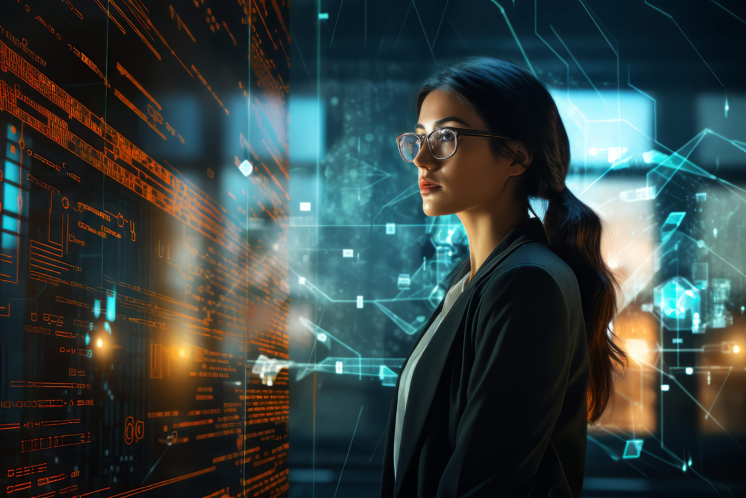 Profissional feminina de óculos olhando para um painel digital futurista com dados e códigos, simbolizando o reskilling na era da inteligência artificial.