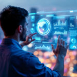 Habilidades para o Futuro do Trabalho: Profissional interagindo com painel digital de análise de dados e IA.