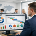 Profissional de gestão de projetos analisando cronogramas e indicadores em ambiente corporativo com foco em atuação internacional.