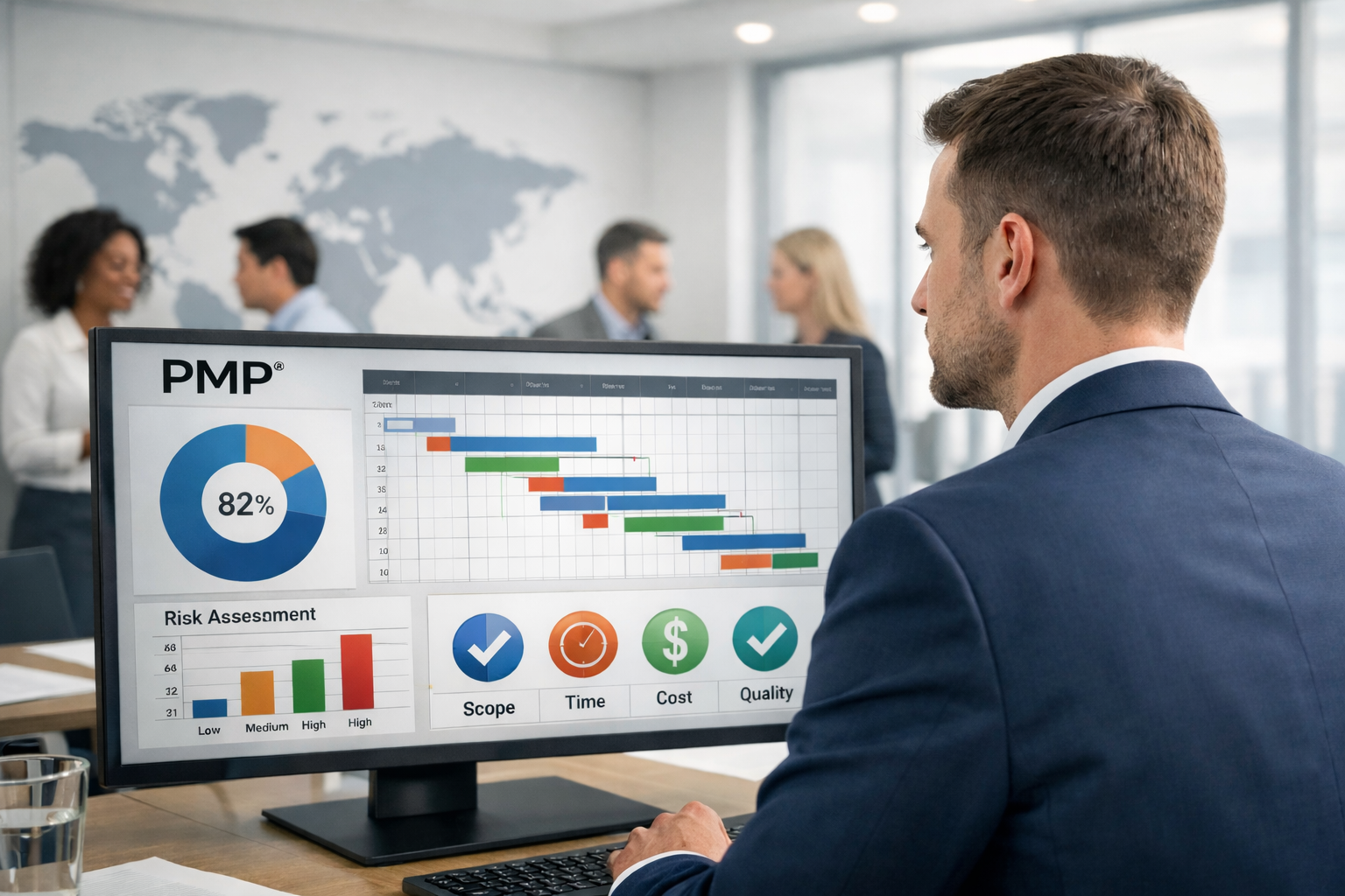 Profissional de gestão de projetos analisando cronogramas e indicadores em ambiente corporativo com foco em atuação internacional.