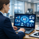 Profissional utilizando ferramentas de IA no trabalho para análise de dados e tomada de decisão estratégica em ambiente corporativo