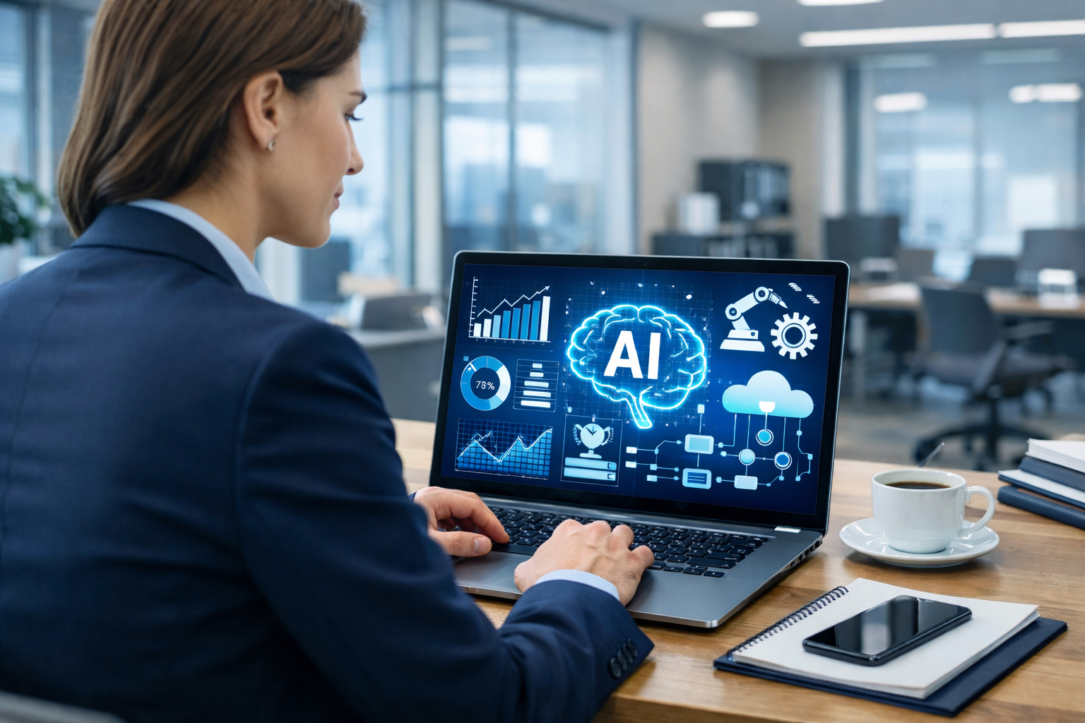 Profissional utilizando ferramentas de IA no trabalho para análise de dados e tomada de decisão estratégica em ambiente corporativo