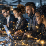 Equipe profissional em treinamento de IA para empresas trabalhando com tecnologia e análise de dados