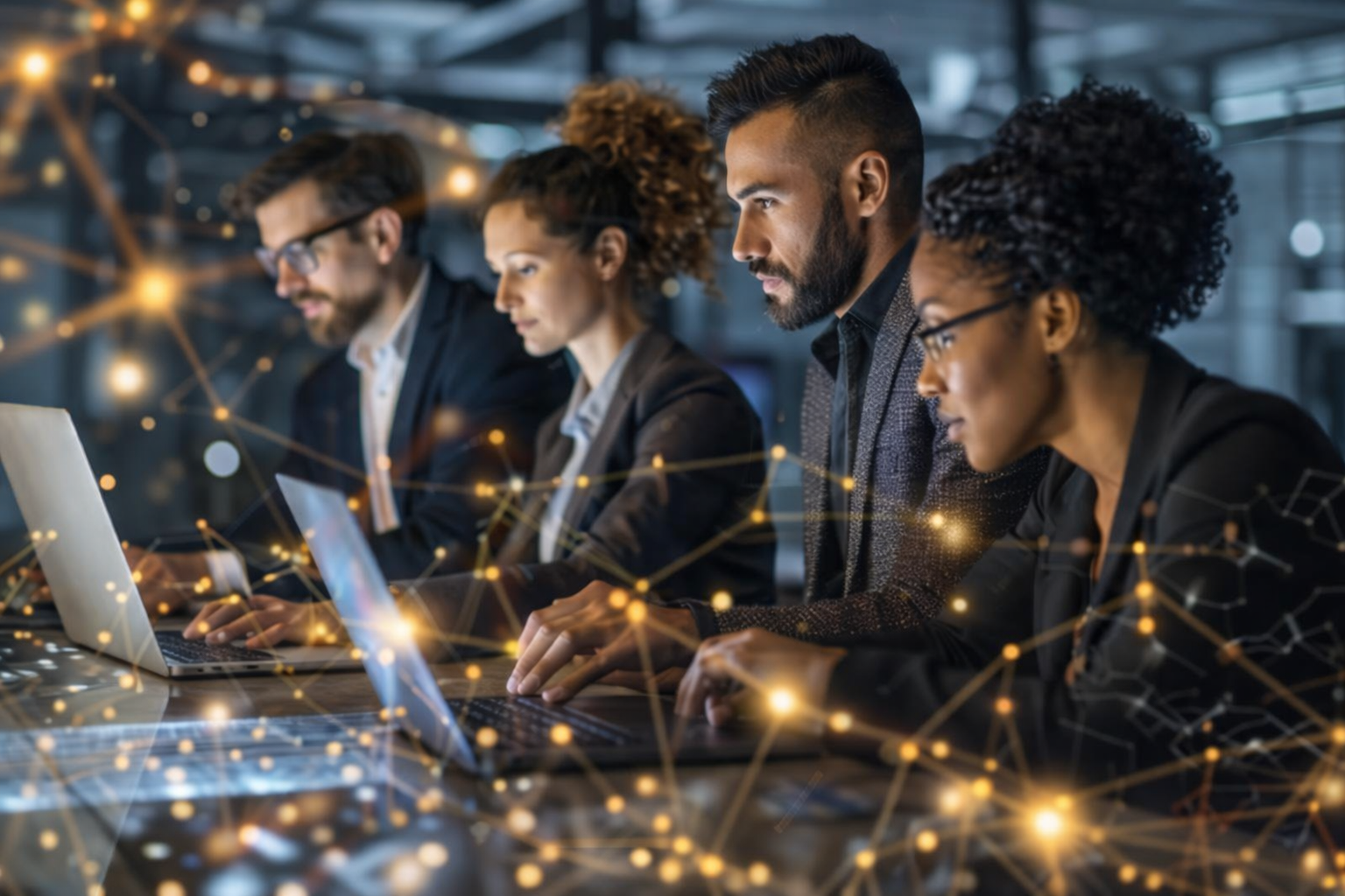 Equipe profissional em treinamento de IA para empresas trabalhando com tecnologia e análise de dados