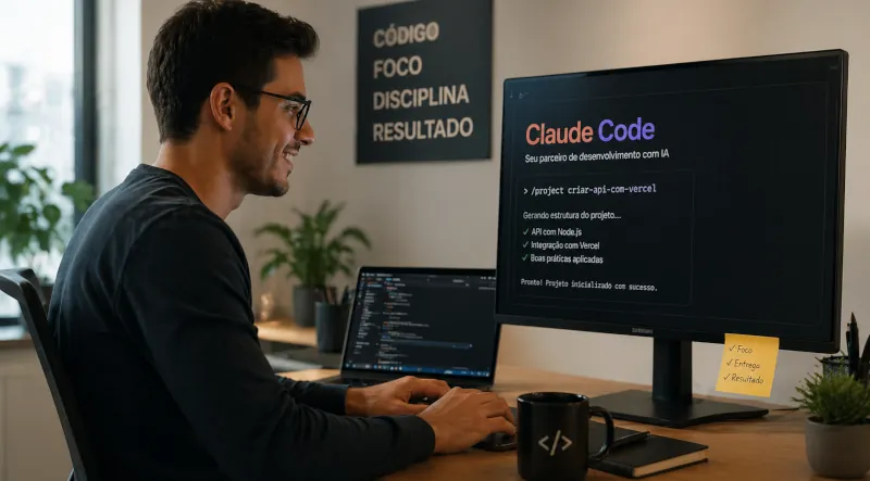 Aluno desenvolvendo aplicação web com Claude Code durante curso presencial na Clarify
